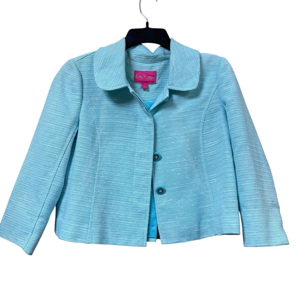 Lilly Pulitzer Blue Tweed Short Blazer Jacket Size 4 Round Collar Work FLAW